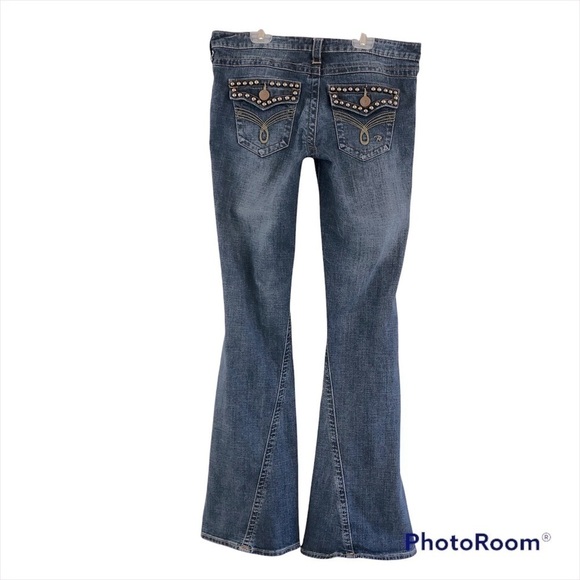 Revolution Jeans, distressed rivet studs. Size 11  / 12. Wide leg flare Boho - Picture 3 of 10